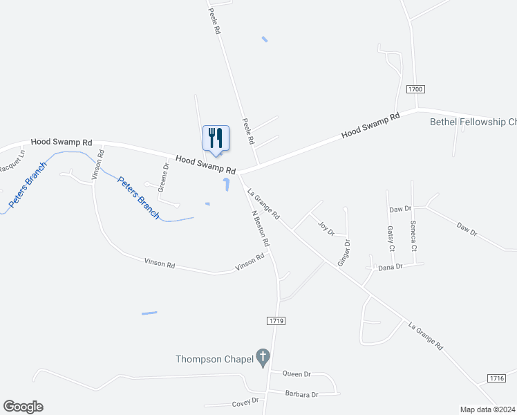 map of restaurants, bars, coffee shops, grocery stores, and more near 150 Lagrange Road in Goldsboro