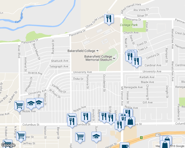 map of restaurants, bars, coffee shops, grocery stores, and more near 1813 University Avenue in Bakersfield