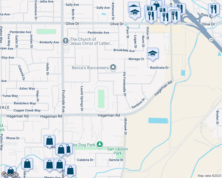 map of restaurants, bars, coffee shops, grocery stores, and more near 5119 Via Viretta Drive in Bakersfield