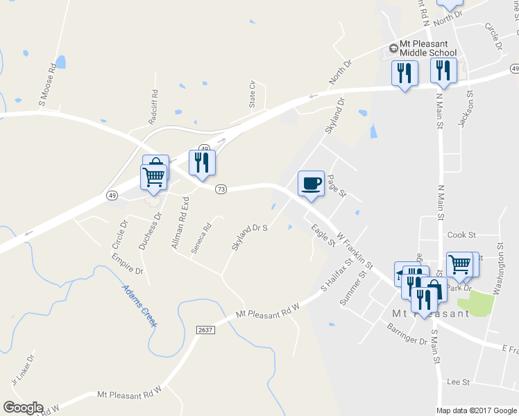 map of restaurants, bars, coffee shops, grocery stores, and more near 7820 West Franklin Street in Mount Pleasant