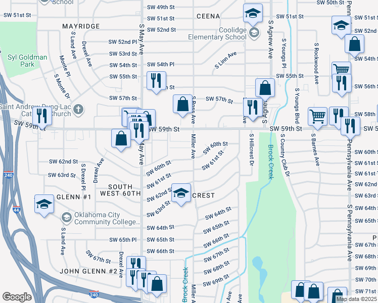 map of restaurants, bars, coffee shops, grocery stores, and more near 2704 SW 60th Pl in Oklahoma City