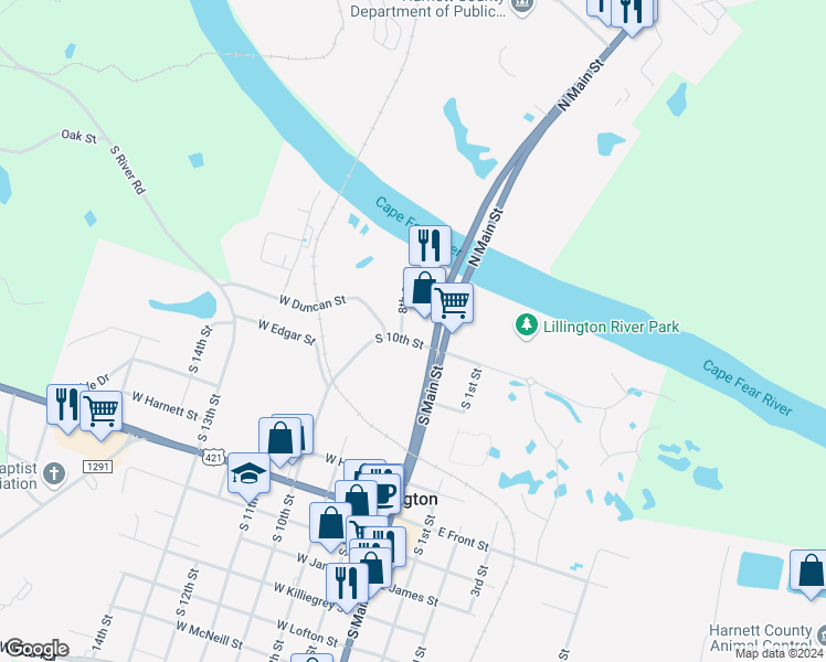 map of restaurants, bars, coffee shops, grocery stores, and more near 100 South 10th Street in Lillington