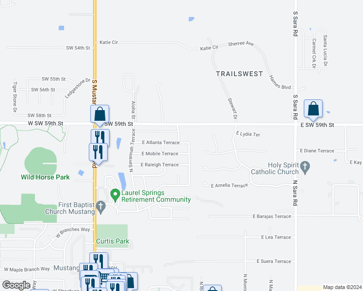 map of restaurants, bars, coffee shops, grocery stores, and more near 416 East Atlanta Terrace in Mustang