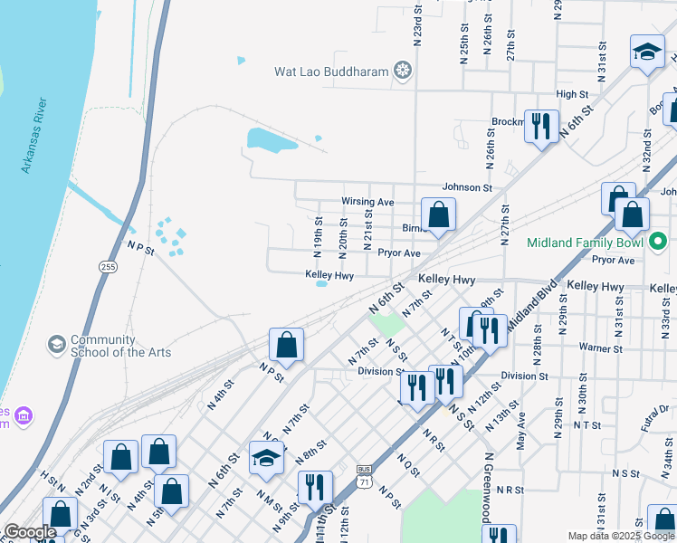 map of restaurants, bars, coffee shops, grocery stores, and more near 1923 Kelley Highway in Fort Smith