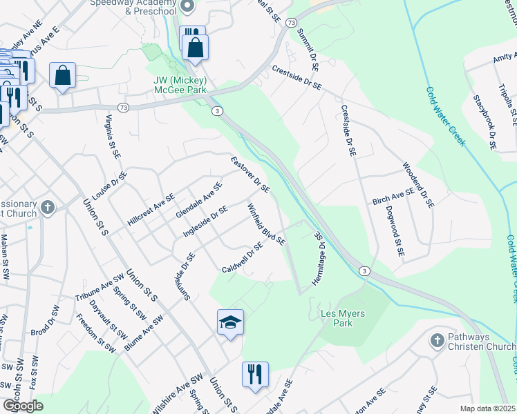 map of restaurants, bars, coffee shops, grocery stores, and more near 425 Winfield Boulevard Southeast in Concord
