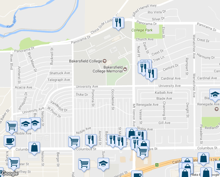 map of restaurants, bars, coffee shops, grocery stores, and more near 1917 University Avenue in Bakersfield