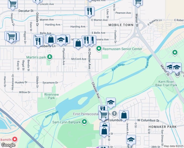 map of restaurants, bars, coffee shops, grocery stores, and more near 101 East Beardsley Avenue in Bakersfield