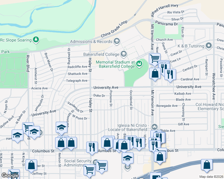 map of restaurants, bars, coffee shops, grocery stores, and more near 1801 University Avenue in Bakersfield