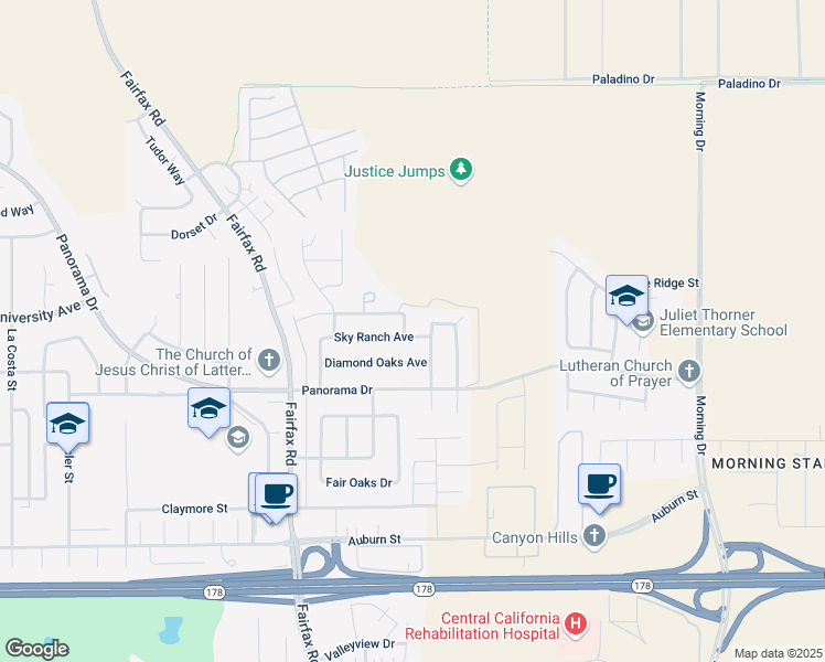 map of restaurants, bars, coffee shops, grocery stores, and more near 6013 Sky Ranch Avenue in Bakersfield