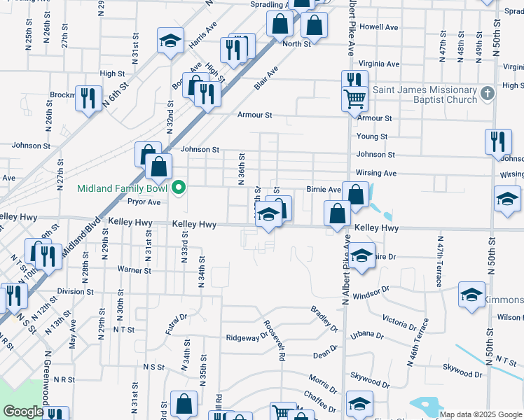 map of restaurants, bars, coffee shops, grocery stores, and more near 2515 North 37th Street in Fort Smith