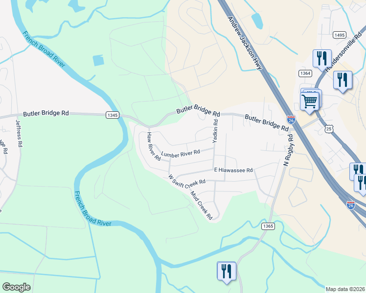map of restaurants, bars, coffee shops, grocery stores, and more near 177 Black River Road in Fletcher