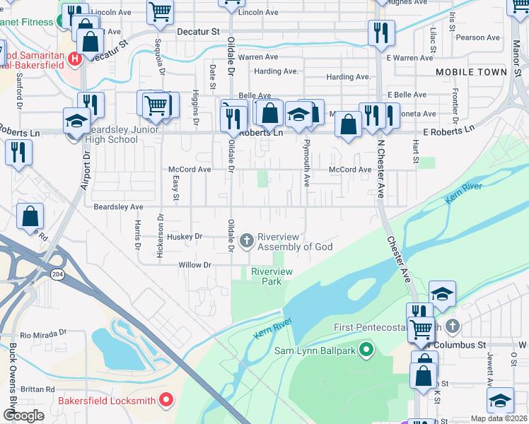 map of restaurants, bars, coffee shops, grocery stores, and more near 329 Beardsley Avenue in Bakersfield