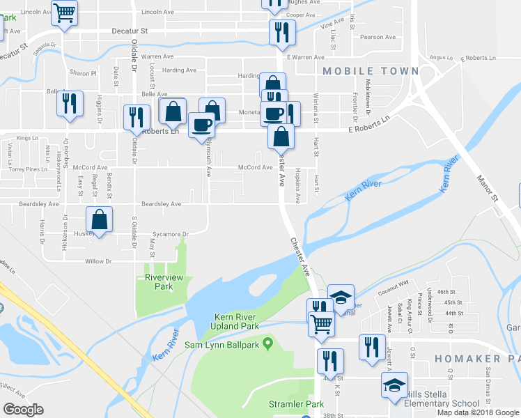 map of restaurants, bars, coffee shops, grocery stores, and more near 111 Beardsley Avenue in Bakersfield