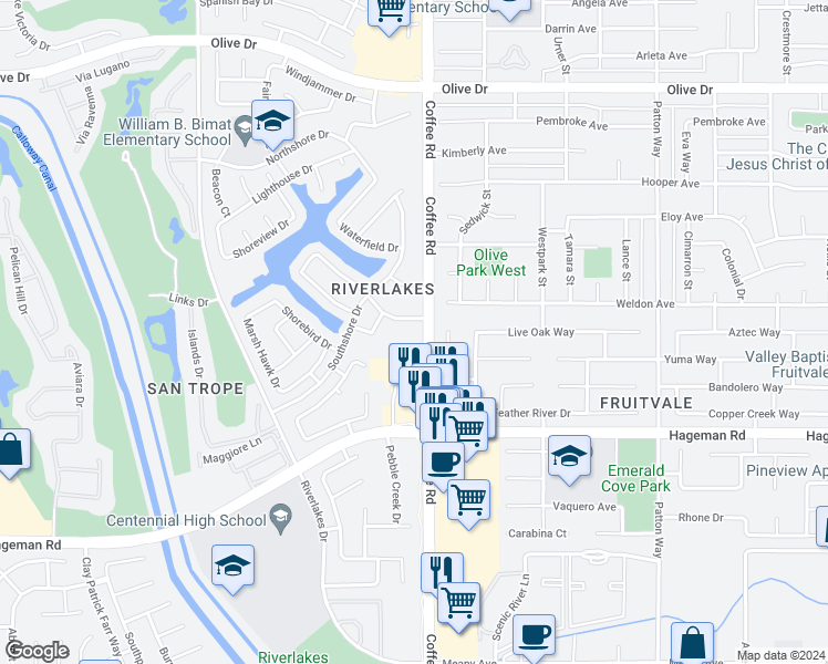 map of restaurants, bars, coffee shops, grocery stores, and more near 8103 Whitewater Drive in Bakersfield