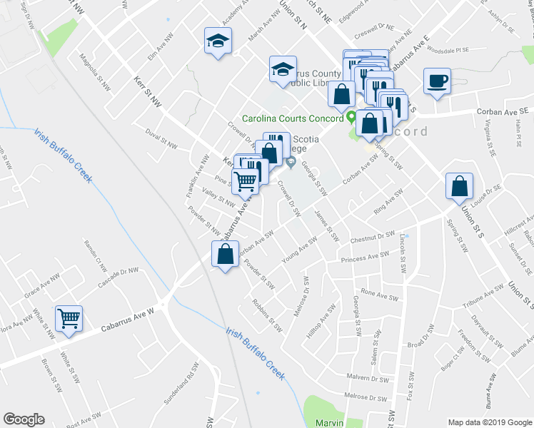 map of restaurants, bars, coffee shops, grocery stores, and more near 27 Dorland Avenue Southwest in Concord