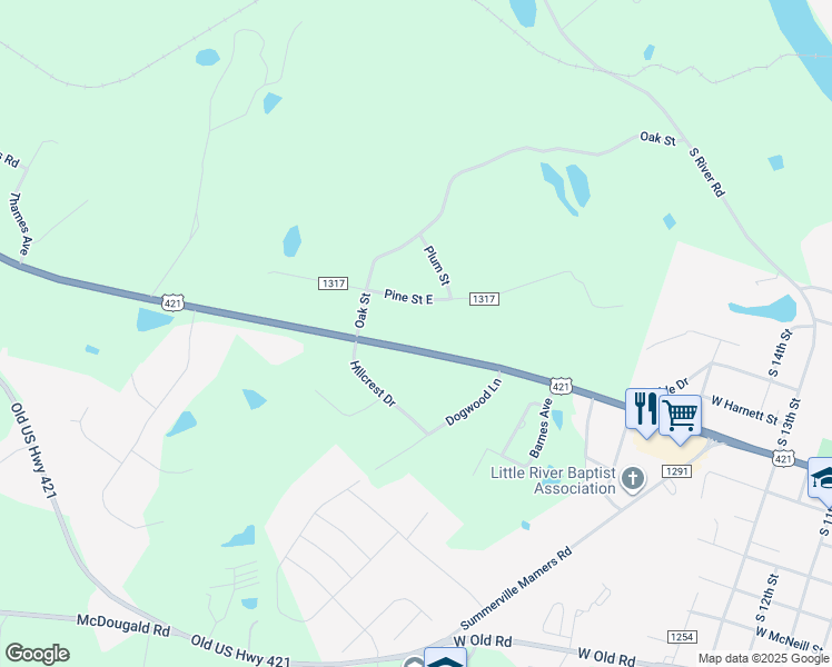 map of restaurants, bars, coffee shops, grocery stores, and more near 1242 U.S. 421 in Lillington