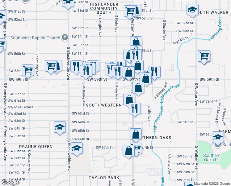 map of restaurants, bars, coffee shops, grocery stores, and more near 1009 Southwest 61st Street in Oklahoma City
