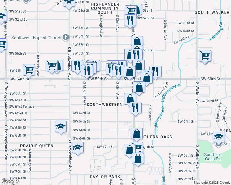 map of restaurants, bars, coffee shops, grocery stores, and more near 1009 Southwest 61st Street in Oklahoma City