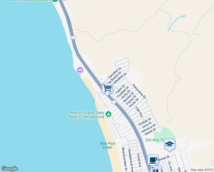 map of restaurants, bars, coffee shops, grocery stores, and more near 300 Yerba Buena Street in Morro Bay