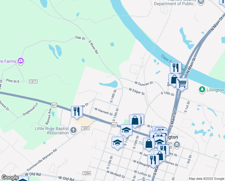 map of restaurants, bars, coffee shops, grocery stores, and more near 406 North 14th Street in Lillington