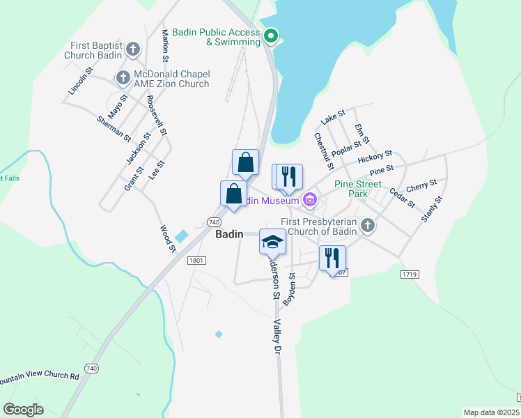 map of restaurants, bars, coffee shops, grocery stores, and more near 29 Falls Road in Badin