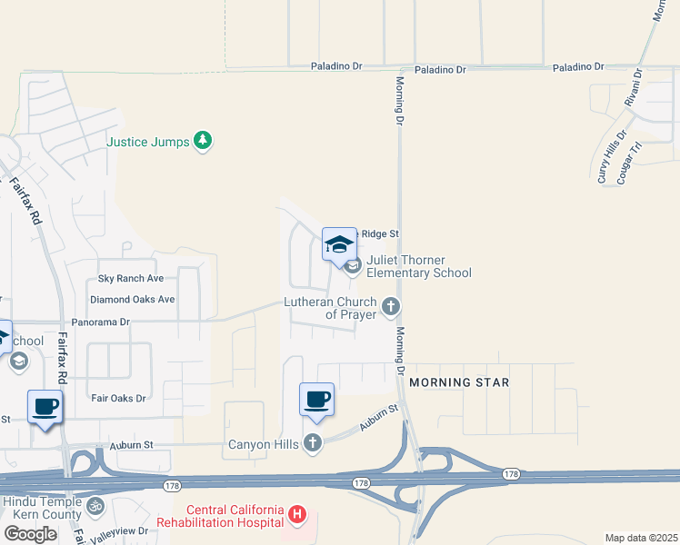 map of restaurants, bars, coffee shops, grocery stores, and more near 5501 Thorner Street in Bakersfield