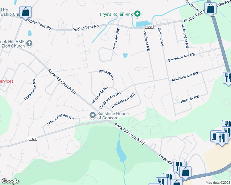 map of restaurants, bars, coffee shops, grocery stores, and more near 2906 Montford Avenue Northwest in Concord