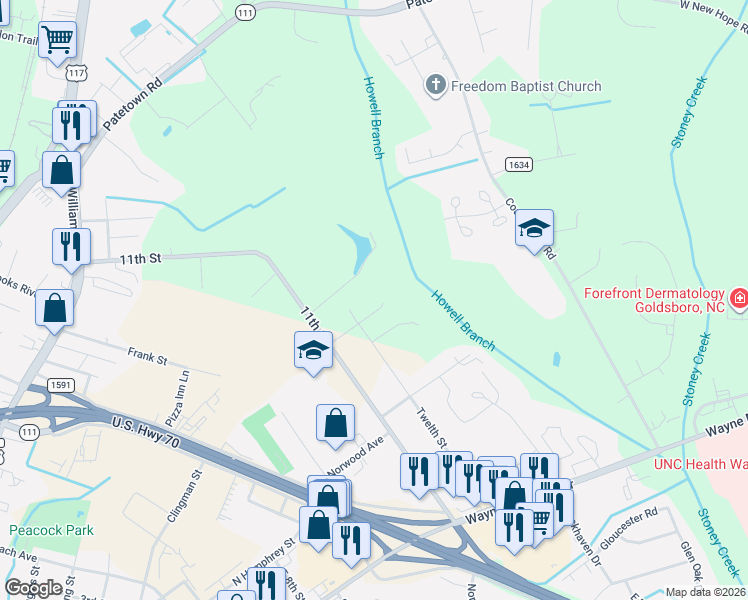 map of restaurants, bars, coffee shops, grocery stores, and more near 811 11th Street in Goldsboro