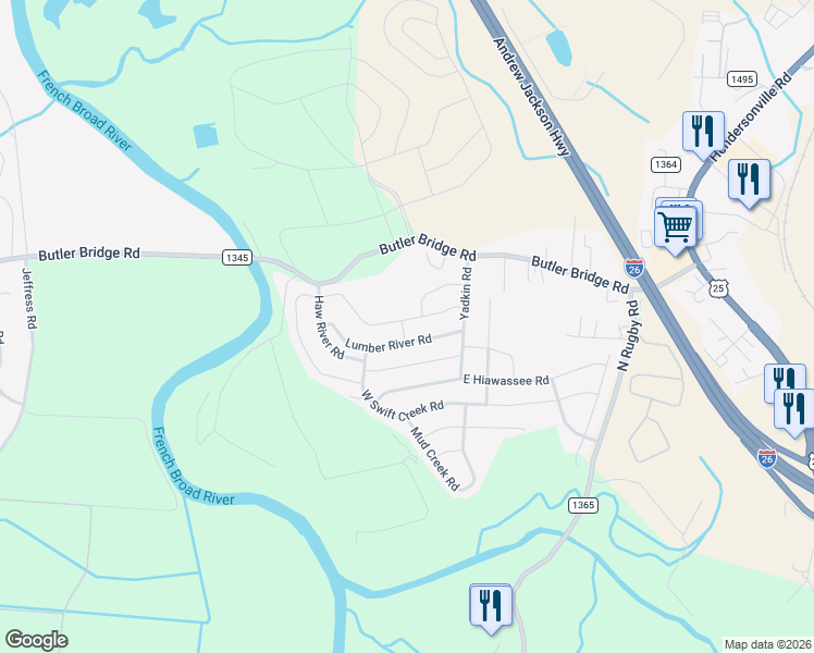 map of restaurants, bars, coffee shops, grocery stores, and more near 177 Black River Road in Fletcher