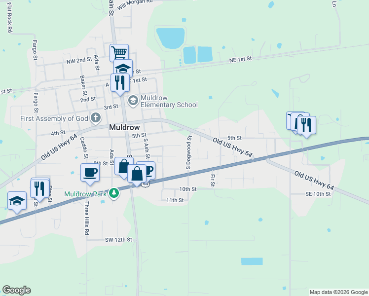 map of restaurants, bars, coffee shops, grocery stores, and more near 507 South Dogwood Street in Muldrow