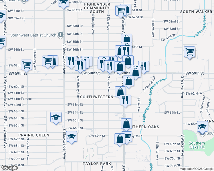 map of restaurants, bars, coffee shops, grocery stores, and more near 1009 Southwest 61st Street in Oklahoma City