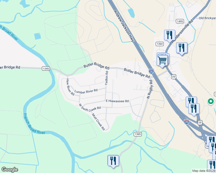 map of restaurants, bars, coffee shops, grocery stores, and more near 177 Yadkin Road in Fletcher