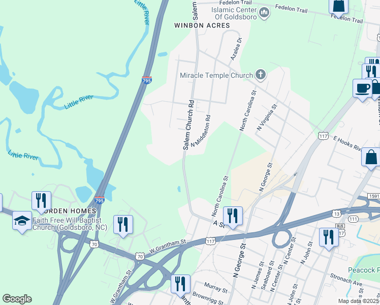 map of restaurants, bars, coffee shops, grocery stores, and more near 1702 Middleton Road in Goldsboro