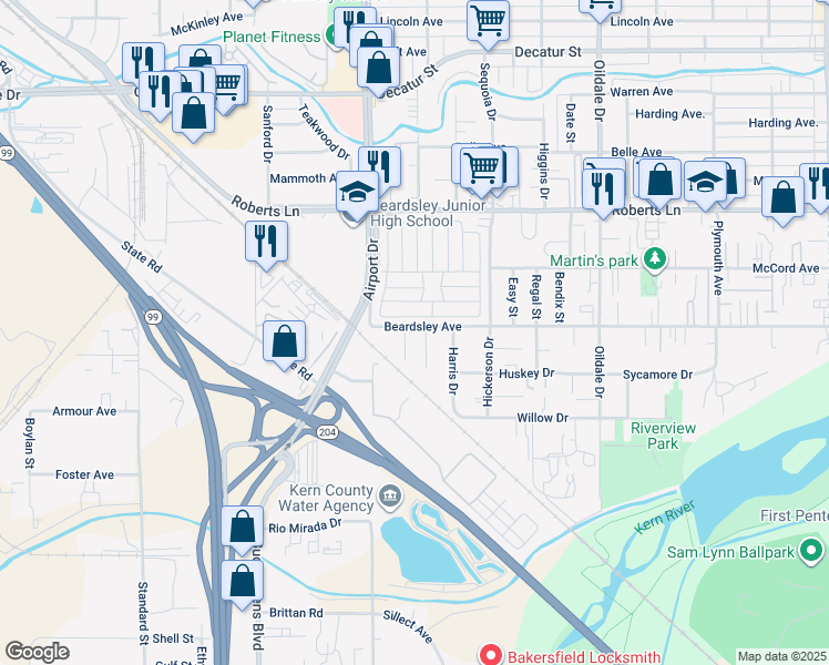 map of restaurants, bars, coffee shops, grocery stores, and more near 815 Beardsley Avenue in Bakersfield