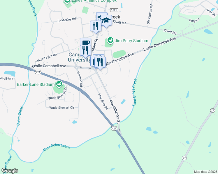 map of restaurants, bars, coffee shops, grocery stores, and more near 205 Marshbanks Street in Lillington