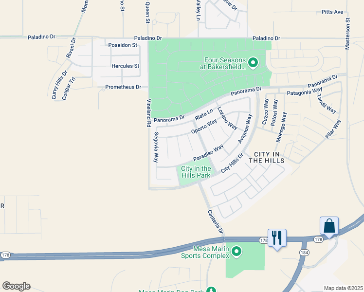 map of restaurants, bars, coffee shops, grocery stores, and more near 5508 Rosado Court in Bakersfield
