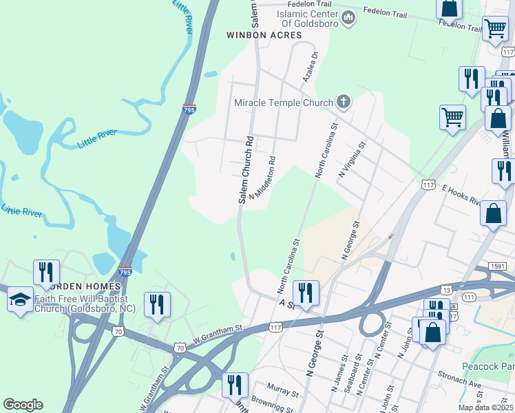 map of restaurants, bars, coffee shops, grocery stores, and more near 1702 Middleton Road in Goldsboro