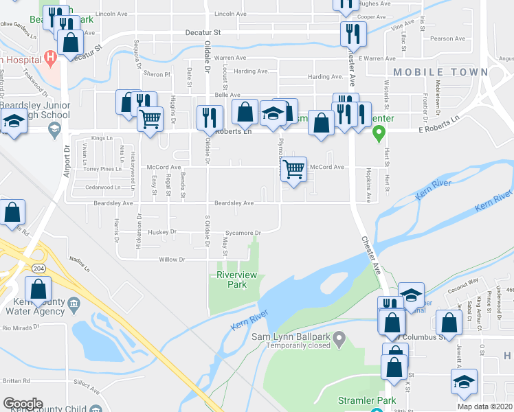 map of restaurants, bars, coffee shops, grocery stores, and more near 309 Beardsley Avenue in Bakersfield