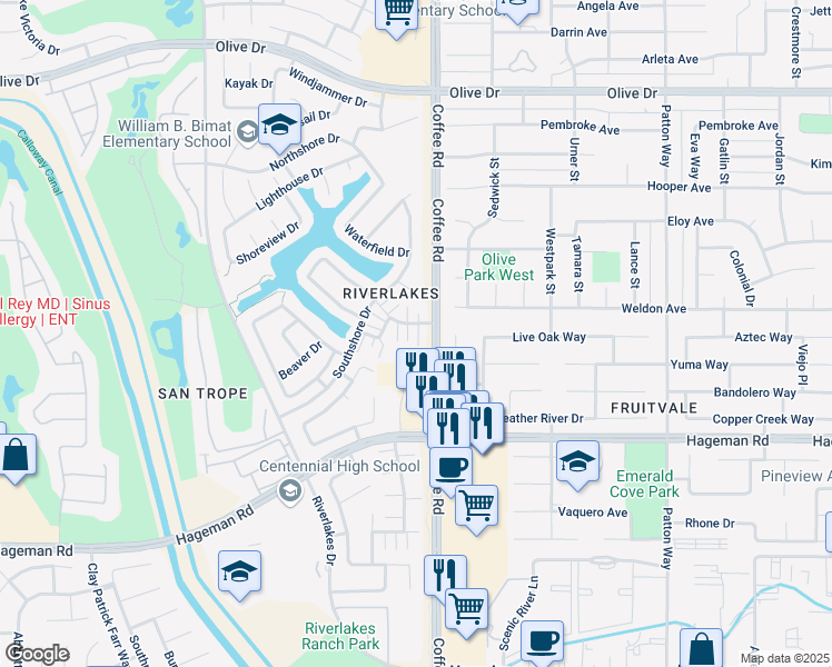 map of restaurants, bars, coffee shops, grocery stores, and more near 8103 Whitewater Drive in Bakersfield