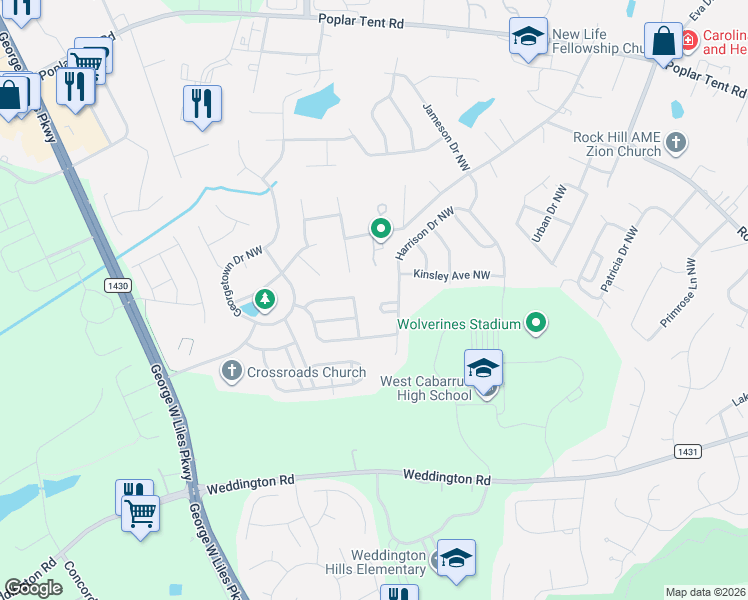 map of restaurants, bars, coffee shops, grocery stores, and more near 2557 Southberry Place Northwest in Concord