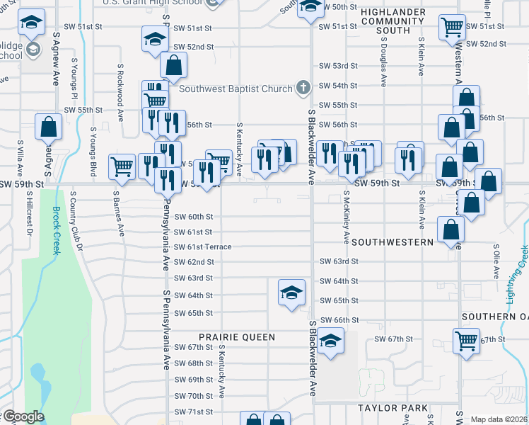 map of restaurants, bars, coffee shops, grocery stores, and more near 1400 Southwest 60th Street in Oklahoma City