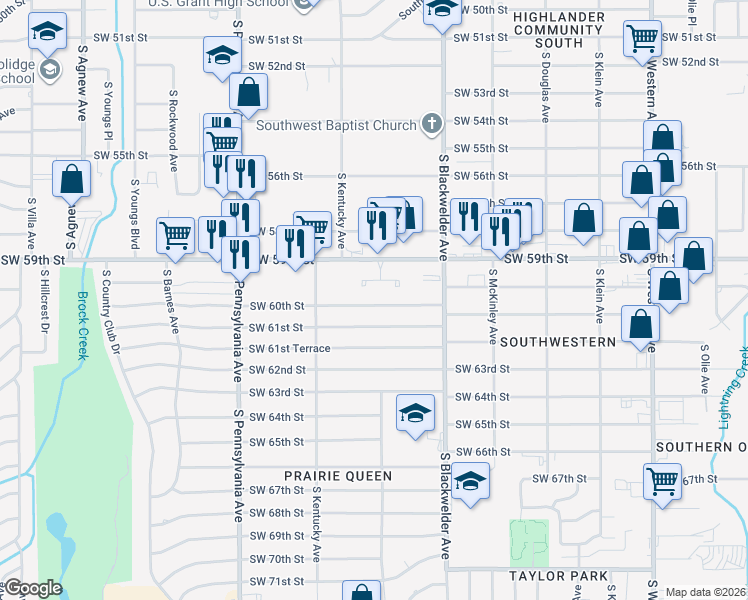 map of restaurants, bars, coffee shops, grocery stores, and more near 1400 Southwest 60th Street in Oklahoma City