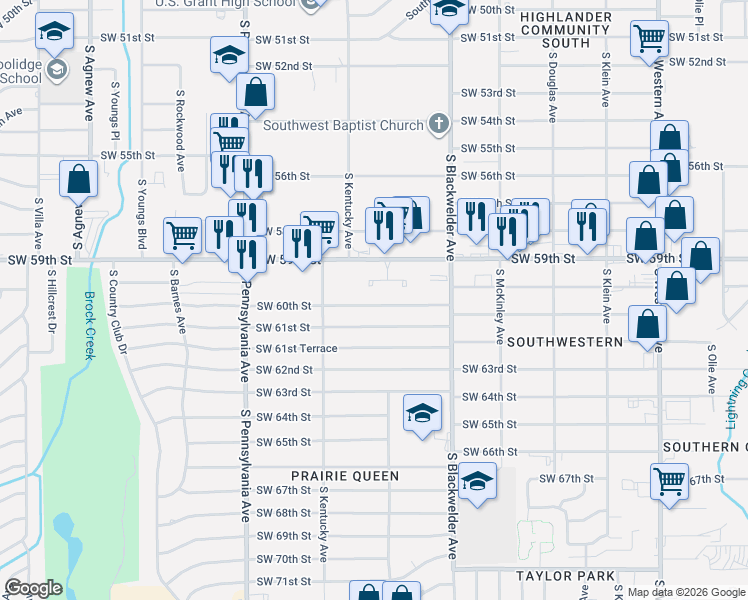 map of restaurants, bars, coffee shops, grocery stores, and more near 1400 Southwest 60th Street in Oklahoma City