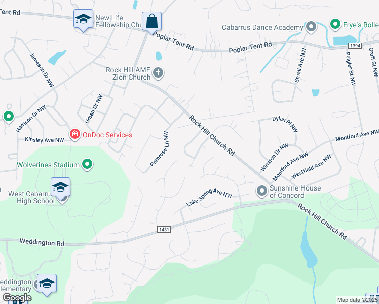 map of restaurants, bars, coffee shops, grocery stores, and more near 3379 Chadbury Drive Northwest in Concord
