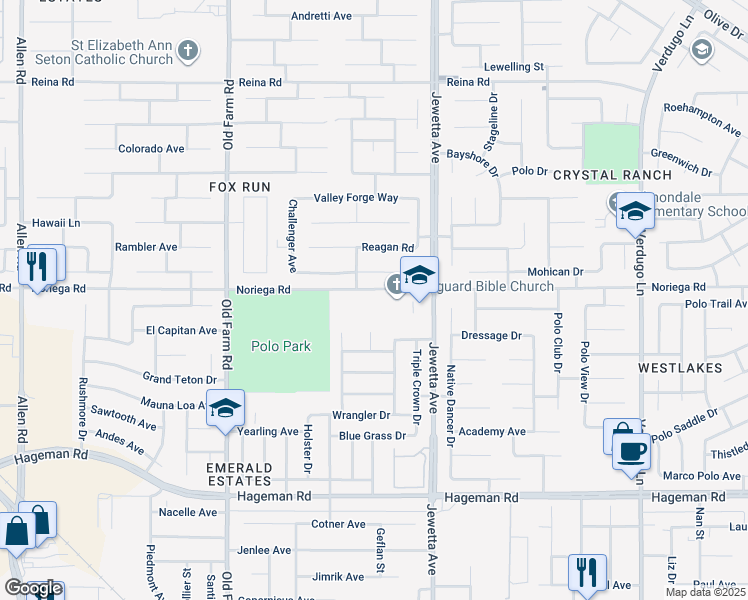 map of restaurants, bars, coffee shops, grocery stores, and more near 11445 Noriega Road in Bakersfield