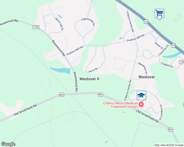 map of restaurants, bars, coffee shops, grocery stores, and more near 133 Perry Drive in Goldsboro