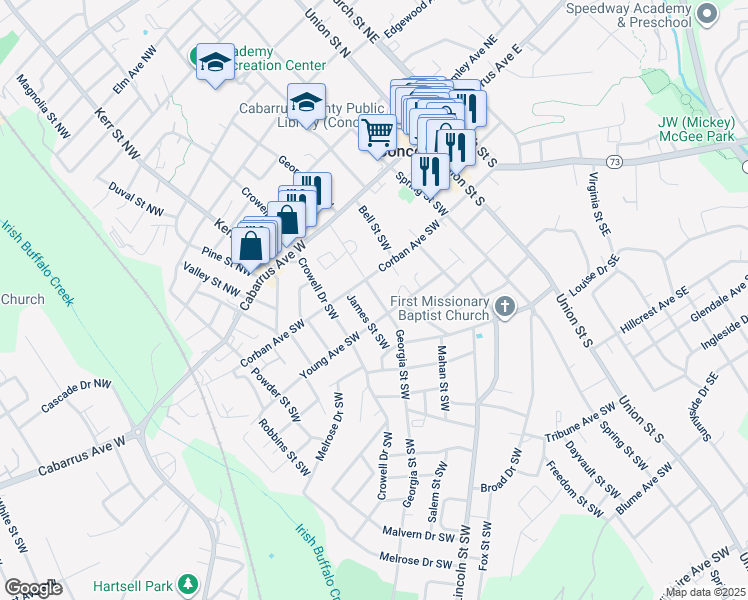 map of restaurants, bars, coffee shops, grocery stores, and more near 96 Georgia Street Southwest in Concord