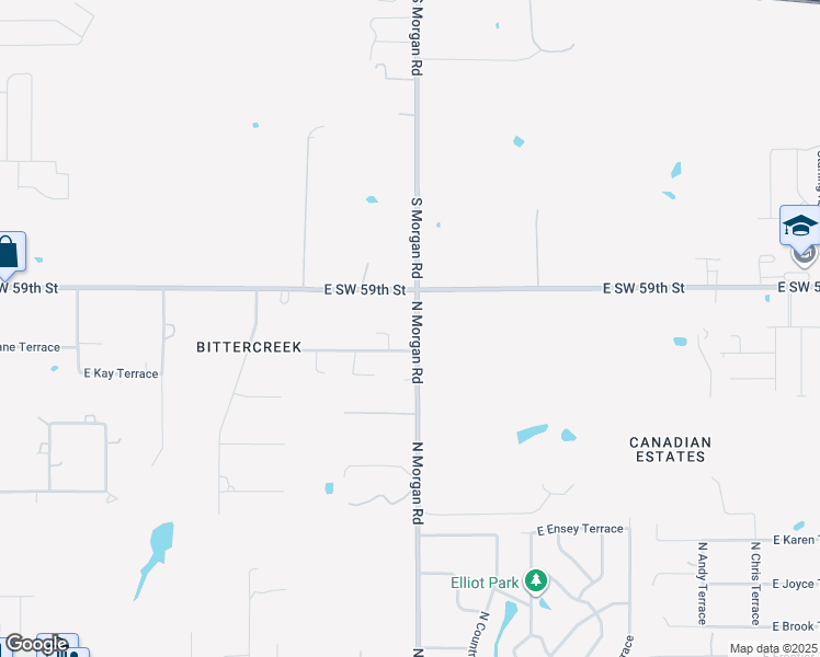 map of restaurants, bars, coffee shops, grocery stores, and more near 1417 North Morgan Road in Mustang