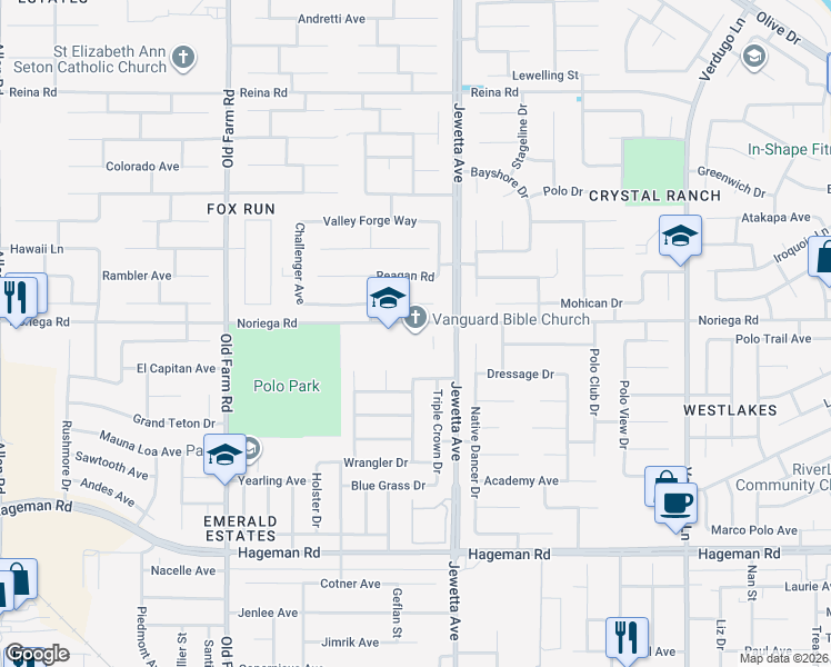 map of restaurants, bars, coffee shops, grocery stores, and more near 11445 Noriega Road in Bakersfield