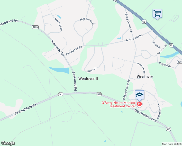 map of restaurants, bars, coffee shops, grocery stores, and more near 133 Perry Drive in Goldsboro